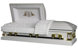 white cross' lords prayer casket with white velvet interior